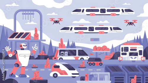 Robot and futuristic vehicles in a stylized landscape