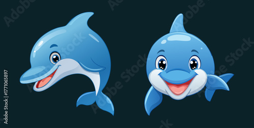 Adorable blue cartoon dolphin characters set
