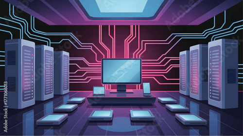 Futuristic server room with glowing pink and blue circuits