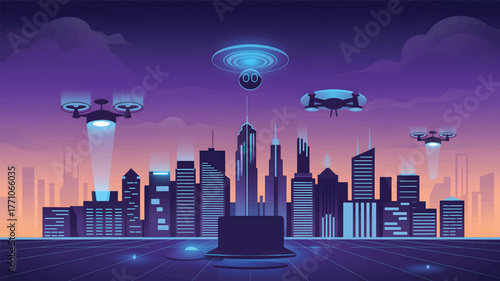 Futuristic cityscape with drones and glowing lights