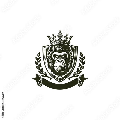 Fierce gorilla head wearing an elaborate royal crown, framed by decorative flourishes and laurel wreaths vector illustration
