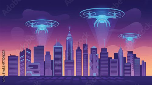 Futuristic city skyline with drones at dusk technology