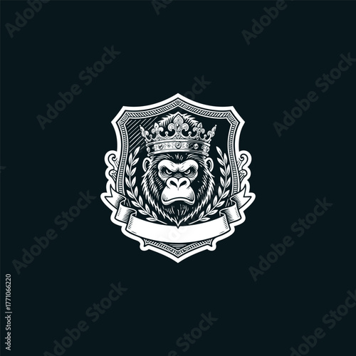 Fierce gorilla head wearing an elaborate royal crown, framed by decorative flourishes and laurel wreaths vector illustration