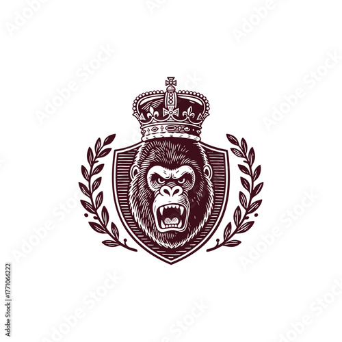 Fierce gorilla head wearing an elaborate royal crown, framed by decorative flourishes and laurel wreaths vector illustration