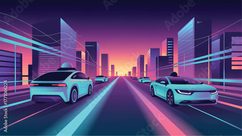 Futuristic city street with autonomous cars at sunset