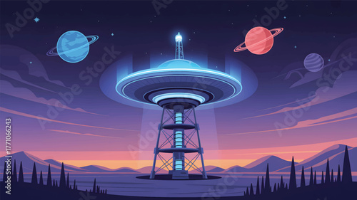 Futuristic alien tower on purple planet with ringed planets