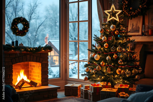 Cozy Christmas Living Room with Decorated Tree, Fireplace and Snowy Window