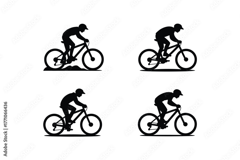 Obraz premium Cyclists riding mountain bikes in silhouette sport