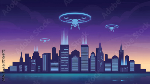 Drones hover over a dark blue city skyline at twilight