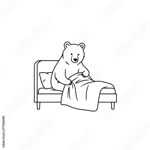 Simple black and white line art illustration of a cute bear waking up or sitting in bed covered with a blanket, representing rest or morning.