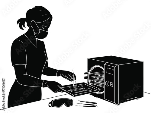 Dental assistant sterilizing instruments in autoclave sterilization medical instruments