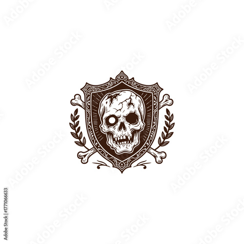 Vintage-style emblem featuring a detailed human skull on a shield, crowned by a royal crown and flanked by crossed bones and laurel branches