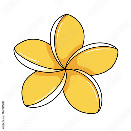 A beautiful vector illustration of a single yellow frangipani flower with bold outlines, isolated on a clean white background