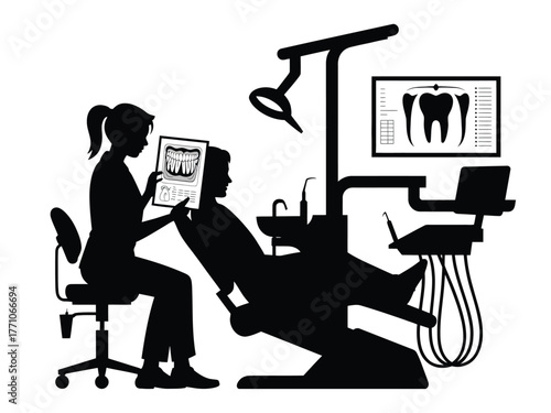 Dental hygienist examines patient with dental x-ray dental chair examination