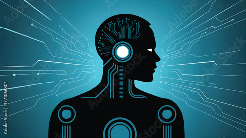 Black silhouette of a cyborg head with circuit board details