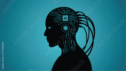 Black human head silhouette with A I circuit board and cables