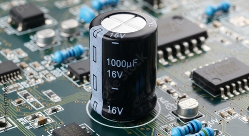 Obraz na płótnie 基板に取り付けられた電解コンデンサのクローズアップ写真