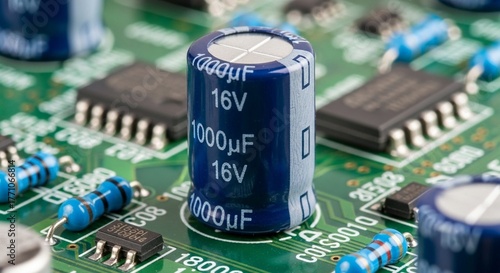 基板に取り付けられた電解コンデンサのクローズアップ写真