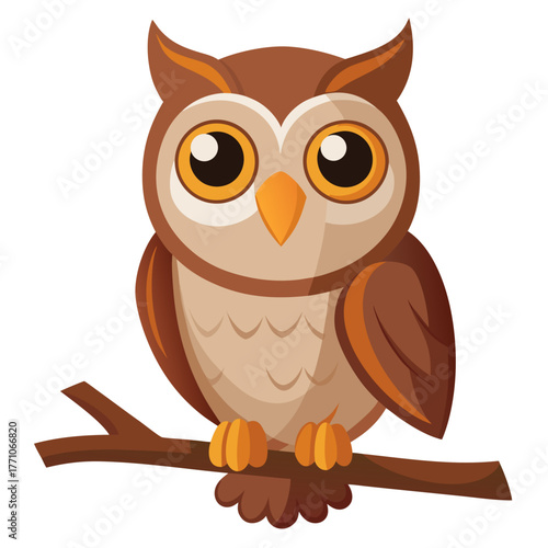 Vector illustration of a single owl sitting on a single tree branch isolated on white