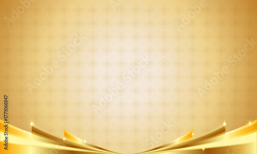 Abstract gradient gold background, Thai applied pattern, luxurious gold ribbon frame, designed for important ceremony backdrop.