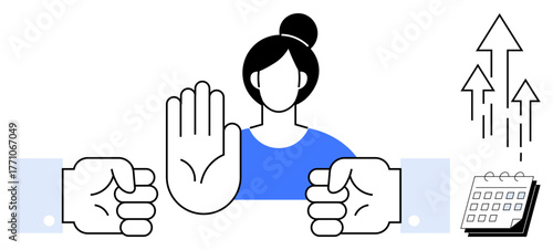 Woman raising hand as a stop gesture, flanked by clenched fists, upward arrows, and a calendar. Ideal for conflict resolution, boundaries, workplace ethics, negotiation, opposition assertiveness
