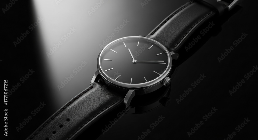 custom made wallpaper toronto digitalElegant minimalist black wristwatch on glossy dark surface.