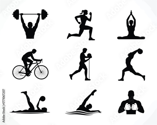 Diverse athletic silhouettes engaged in various sports and exercises fitness weightlifting