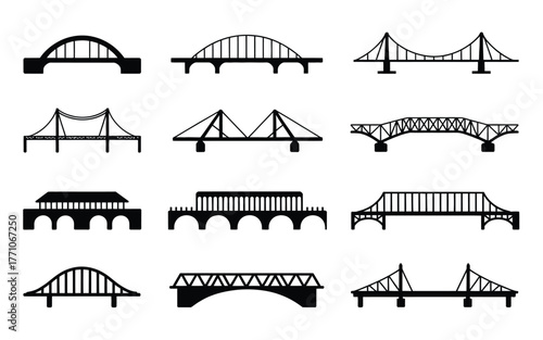 Diverse black bridge silhouettes collection arch bridge suspension bridge