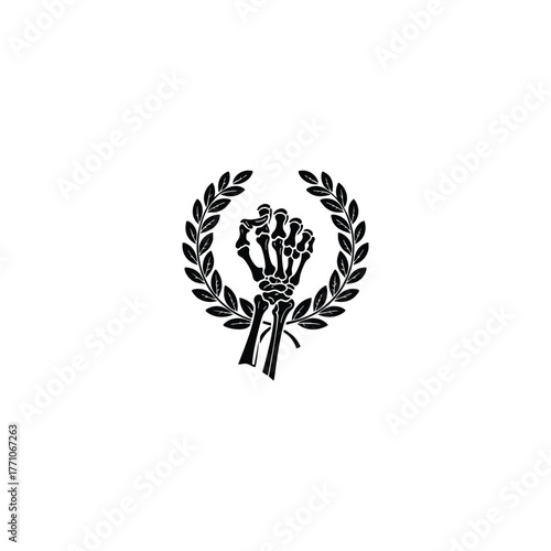 A clenched skeleton fist raising up in a powerful gesture, enclosed within a classic laurel wreath vector illustration