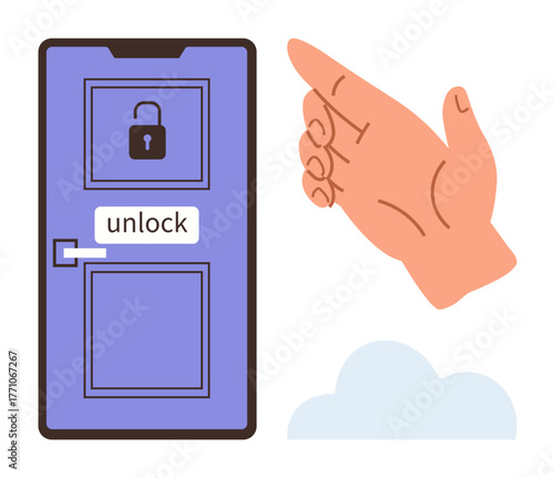 Hand pointing toward a closed door with unlock label and lock icon, hinting at cloud security and access control. Ideal for technology, software, security, innovation, access, solutions, control