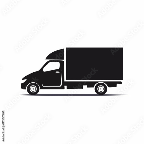 Stylized black vector silhouette of a truck with smooth edges and solid shapes, clean white background, editable for minimalist transportation logo