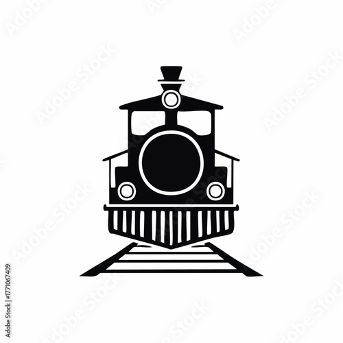 Stylized black vector silhouette of a train engine with clean outlines and simple geometric shapes, white background, editable for modern logo design