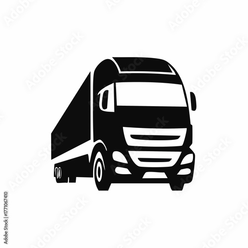 Stylized black vector silhouette of a truck with smooth edges and solid shapes, clean white background, editable for minimalist transportation logo