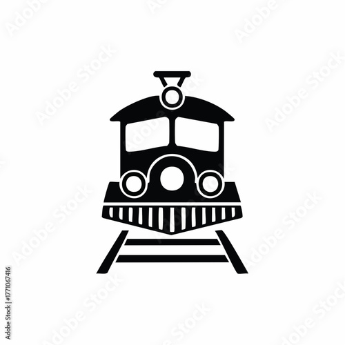 Stylized black vector silhouette of a train engine with clean outlines and simple geometric shapes, white background, editable for modern logo design