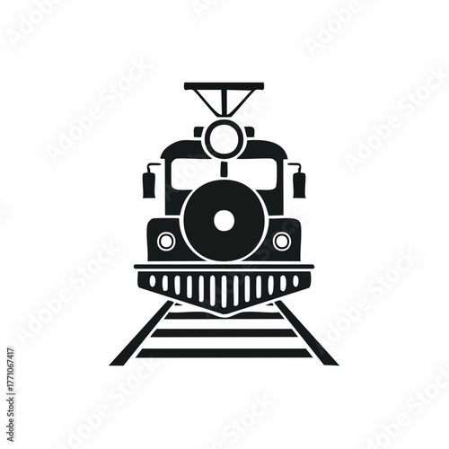 Stylized black vector silhouette of a train engine with clean outlines and simple geometric shapes, white background, editable for modern logo design