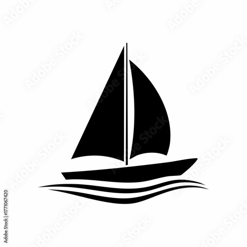 Stylized black vector silhouette of a sailboat with flowing sail shapes, smooth clean curves, white background, editable vector for minimalist logo