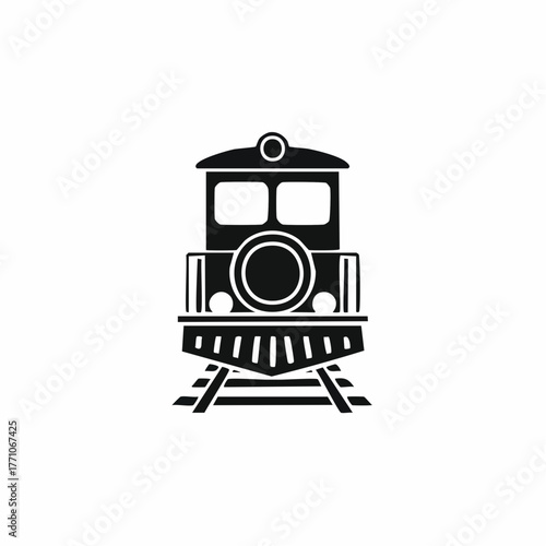 Stylized black vector silhouette of a train engine with clean outlines and simple geometric shapes, white background, editable for modern logo design