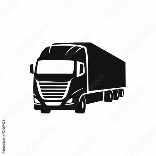 Stylized black vector silhouette of a truck with smooth edges and solid shapes, clean white background, editable for minimalist transportation logo