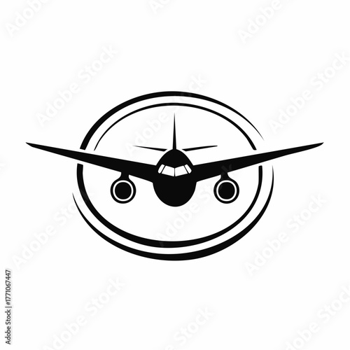 Stylized black vector silhouette of an airplane with elegant curved wings, clean lines, white background, editable for minimalist logo or branding