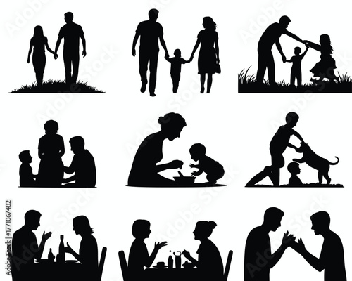 Diverse family moments depicted in black silhouette people children