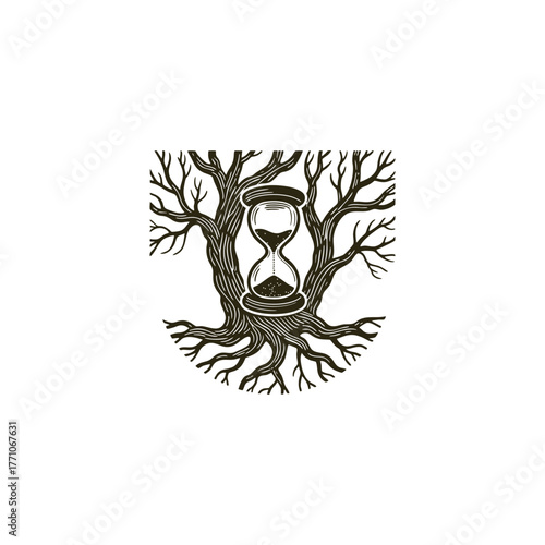 A vintage hourglass embedded within a gnarled, deeply rooted tree with bare branches vector illustrations