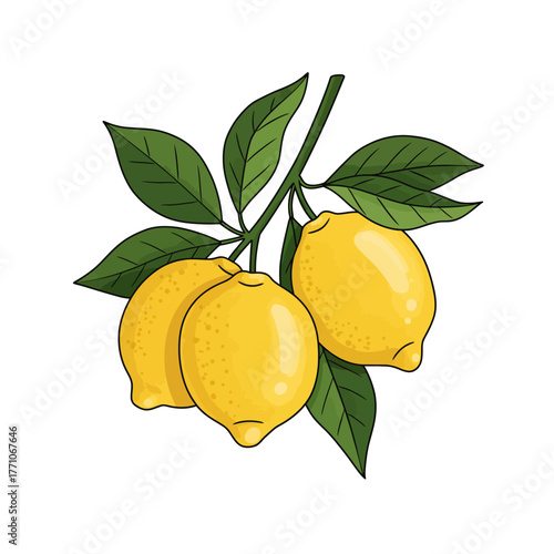 A vibrant vector illustration of a fresh lemon branch featuring ripe yellow citrus fruits and lush green leaves, isolated on a white background