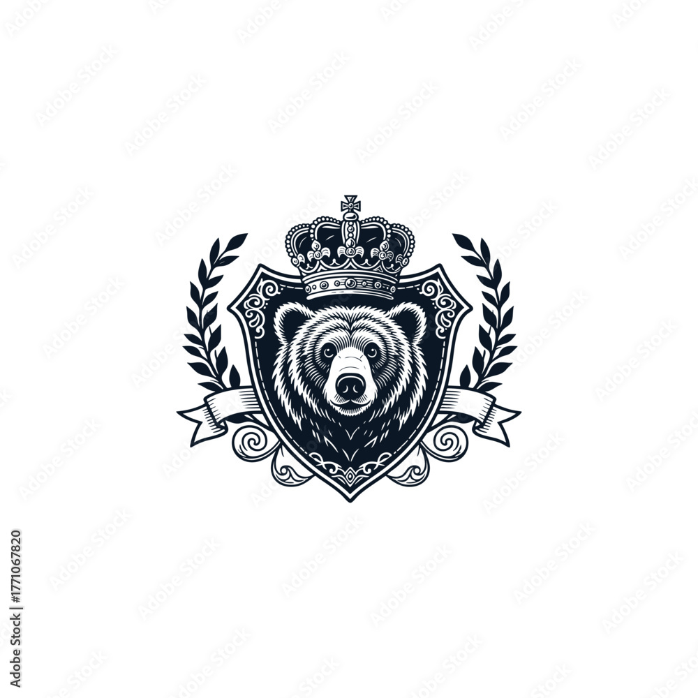 Obraz premium Regal bear head centered on a medieval-style shield, topped with an ornate royal crown and framed by laurel wreaths and a flowing banner vector illustrations
