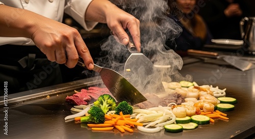 Dynamic Teppanyaki Chef Cooking Sizzling Meat, Seafood, and Fresh Vegetables on a Hibachi Grill with Dramatic