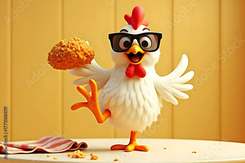 Happy 3D Cartoon Chicken Mascot with Glasses Holding a Fried Drumstick