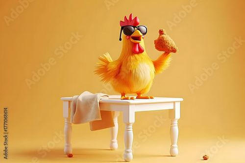 Cartoon 3D rooster mascot with sunglass on table with fried drumstick. fun food concept
