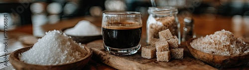 Espresso shot with sugar cubes and salt in rustic bowls.