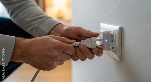 A person plugging an electrical plug into a wall socket with a blue indicator light, highlighting electricity connection and power usage.