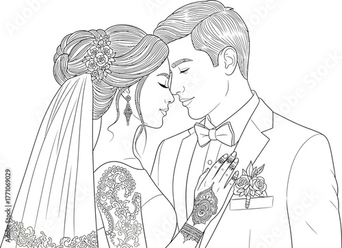 Artistic sketch of a loving bride and groom embracing intimately on their wedding day with a veil and suit