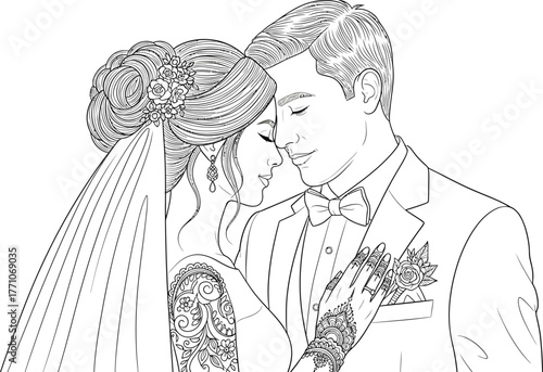 Artistic sketch of a bride and groom embracing tenderly on their wedding day in a romantic moment